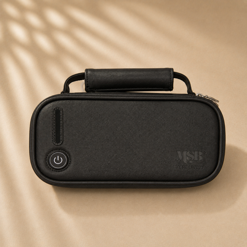 MYSKINBUDDY Sanitize & Glow UV-C Case in black with zip closure and carry handle