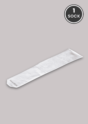 SmartKnit white KAFO interface sock; adult sock shown. Adult sizes are sold individually and child sizes as a pair.